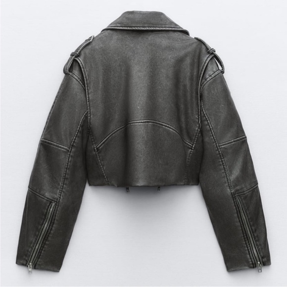 Zara Worn Effect Faux Leather Cropped Biker Moto Jacket Gray S - Picture 4 of 15